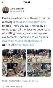 Tweet showing outtakes from a Dogs at Polling Stations photoshoot on 5 May 2022
