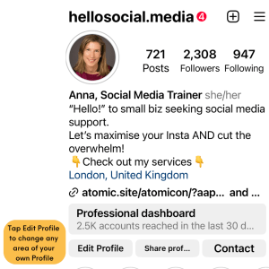 A screenshot of @hellosocial.media's Instagram Profile showing where to tap on Edit Profile