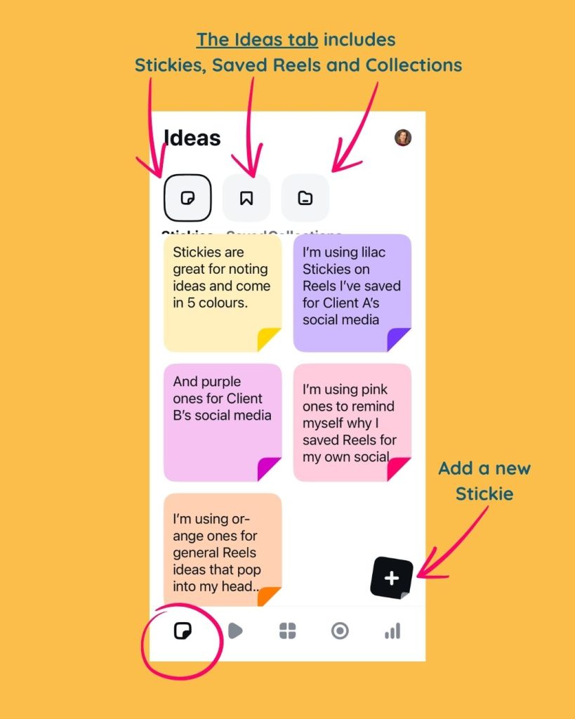 A screenshot of the Ideas tab in Instagram's Edits app with ideas of how to use the Stickies feature.