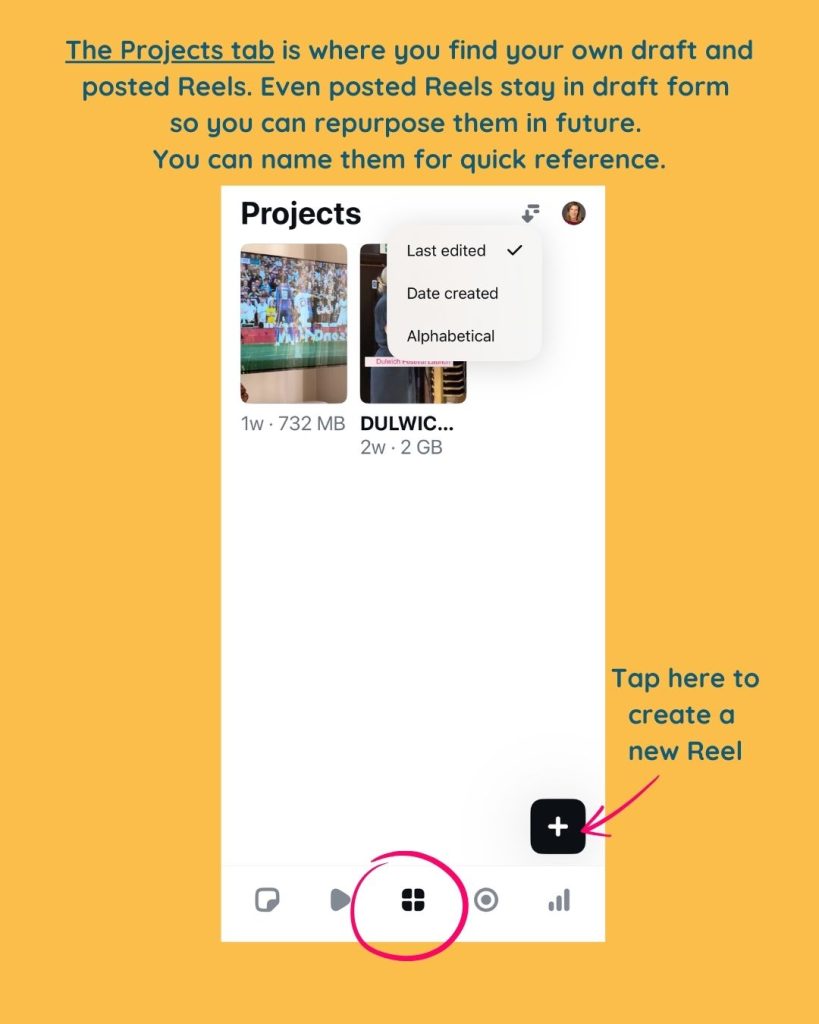 A screenshot of the Instagram Edits App Projects tab with the different features labelled.