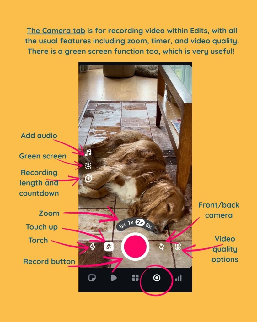 A screenshot of the Instagram Edits App Camera tab with all the different features and options labelled.